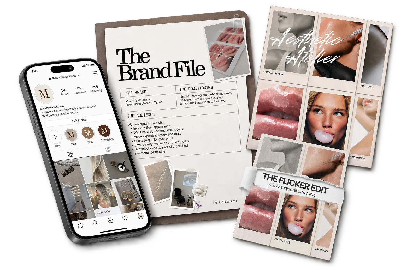 A Flicker Brand World: the Brand File positioning document, a mocked Instagram profile and the feed grid sheets
